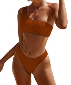 YIMISAN Damen Gerippte Bikini Sets One Shoulder Top Mid Waist Zweiteiliger Badeanzug, Kaffee, S von YIMISAN