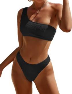 YIMISAN Damen Gerippte Bikini Sets One Shoulder Top Mid Waist Zweiteiliger Badeanzug, Schwarz, XL von YIMISAN