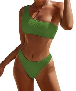 YIMISAN Damen Gerippte Bikini-Sets One Shoulder Top mit mittlerer Taille Zweiteiliger Badeanzug, Grün 1, Medium von YIMISAN