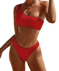 YIMISAN Damen Gerippte Bikini-Sets One Shoulder Top mit mittlerer Taille Zweiteiliger Badeanzug, Rot/Ausflug, einfarbig (Getaway Solids), Large von YIMISAN