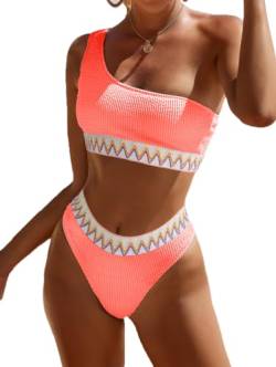 YIMISAN Geripptes Damen-Bikini-Set, einschultriges Oberteil mit mittlerer Taille, zweiteiliger Badeanzug, Korallenrosa1, Large von YIMISAN