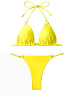 YIMISAN Sexy zweiteiliger Bikini Badeanzüge für Frauen O-Ring verbundene String Tanga Badeanzug, gelb, S von YIMISAN