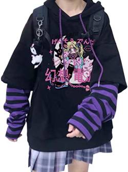 YINGKE Damen Anime Kapuzenpullover Japan Kawaii Hoodie E-Girl Streetwear Mädchen Y2K Gothic Sweatshirt Pullover (2XL, Black Purple B) von YINGKE