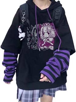 YINGKE Damen Anime Kapuzenpullover Japan Kawaii Hoodie E-Girl Streetwear Mädchen Y2K Gothic Sweatshirt Pullover (2XL, Black Purple C) von YINGKE