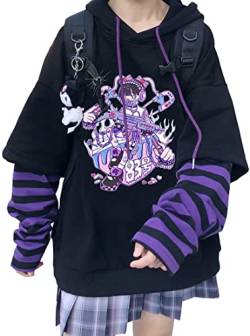YINGKE Damen Anime Kapuzenpullover Japan Kawaii Hoodie E-Girl Streetwear Mädchen Y2K Gothic Sweatshirt Pullover (2XL, Black Purple G) von YINGKE