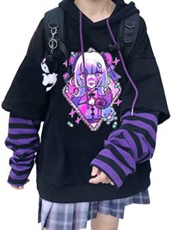 YINGKE Damen Anime Kapuzenpullover Japan Kawaii Hoodie E-Girl Streetwear Mädchen Y2K Gothic Sweatshirt Pullover (2XL, Black Purple J) von YINGKE