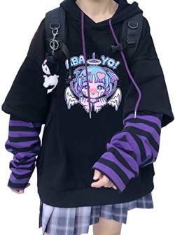 YINGKE Damen Anime Kapuzenpullover Japan Kawaii Hoodie E-Girl Streetwear Mädchen Y2K Gothic Sweatshirt Pullover (2XL, Black Purple K) von YINGKE