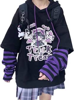 YINGKE Damen Anime Kapuzenpullover Japan Kawaii Hoodie E-Girl Streetwear Mädchen Y2K Gothic Sweatshirt Pullover (L, Black) von YINGKE