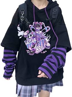 YINGKE Damen Anime Kapuzenpullover Japan Kawaii Hoodie E-Girl Streetwear Mädchen Y2K Gothic Sweatshirt Pullover (L, Black Purple G) von YINGKE