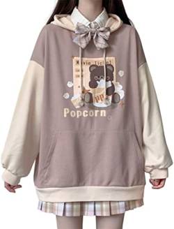 YINGKE Damen Anime Kapuzenpullover Japan Kawaii Hoodie E-Girl Streetwear Mädchen Y2K Gothic Sweatshirt Pullover (L, Braun) von YINGKE