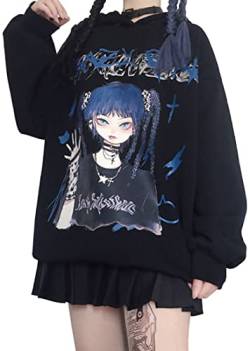 YINGKE Damen Anime Kapuzenpullover Japan Kawaii Hoodie E-Girl Streetwear Mädchen Y2K Gothic Sweatshirt Pullover (L, C Schwarz) von YINGKE