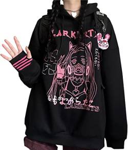 YINGKE Damen Anime Kapuzenpullover Japan Kawaii Hoodie E-Girl Streetwear Mädchen Y2K Gothic Sweatshirt Pullover (L, E Schwarz) von YINGKE