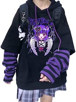 YINGKE Damen Anime Kapuzenpullover Japan Kawaii Hoodie E-Girl Streetwear Mädchen Y2K Gothic Sweatshirt Pullover (S, Black Purple E) von YINGKE