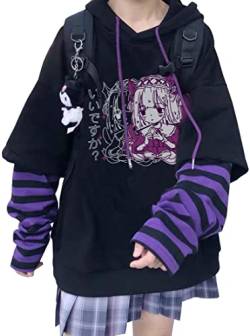 YINGKE Damen Anime Kapuzenpullover Japan Kawaii Hoodie E-Girl Streetwear Mädchen Y2K Gothic Sweatshirt Pullover (XL, Black Purple C) von YINGKE