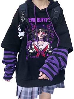 YINGKE Damen Anime Kapuzenpullover Japan Kawaii Hoodie E-Girl Streetwear Mädchen Y2K Gothic Sweatshirt Pullover (XL, Black Purple F) von YINGKE