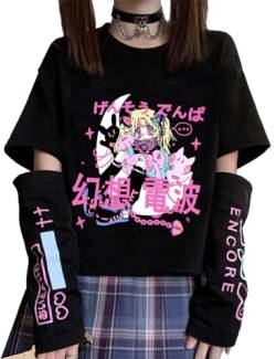 YINGKE Damen Anime Manga Sweatshirt Kawaii Mädchen Gótica Y2K E-Girl Japanischen Harajuku T-Shirt(2XL,BlackWelle) von YINGKE