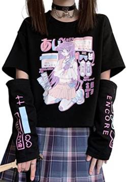 YINGKE Damen Anime Manga Sweatshirt Kawaii Mädchen Gótica Y2K E-Girl Japanischen Harajuku T-Shirt (2XL, Black Kostüm) von YINGKE