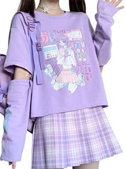 YINGKE Damen Anime Manga Sweatshirt Kawaii Mädchen Gótica Y2K E-Girl Japanischen Harajuku T-Shirt (2XL, Lila Kostüm) von YINGKE