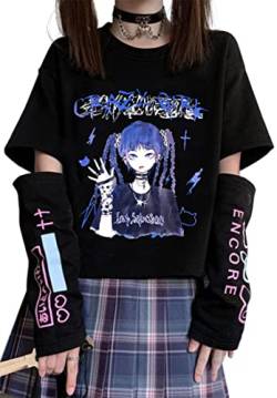 YINGKE Damen Anime Manga Sweatshirt Kawaii Mädchen Gótica Y2K E-Girl Japanischen Harajuku T-Shirt (L, Black Mädchen) von YINGKE