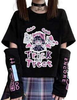 YINGKE Damen Anime Manga Sweatshirt Kawaii Mädchen Gótica Y2K E-Girl Japanischen Harajuku T-Shirt (S, Black) von YINGKE