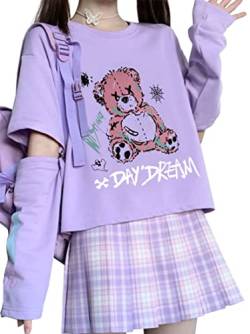 YINGKE Damen Anime Manga Sweatshirt Kawaii Mädchen Gótica Y2K E-Girl Japanischen Harajuku T-Shirt (XL, Lila Bär) von YINGKE