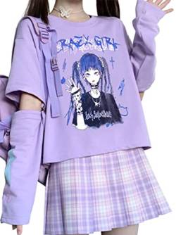 YINGKE Damen Anime Manga Sweatshirt Kawaii Mädchen Gótica Y2K E-Girl Japanischen Harajuku T-Shirt (XL, Lila Mädchen) von YINGKE