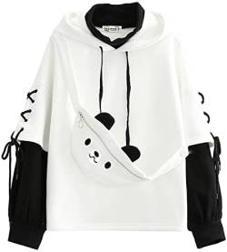 YINGKE Damen Bär Anime Kapuzenpullover Crewneck Sweatshirt Mädchen Japan Kawaii Hoodie Harajuku Pullover Kpop Streetwear (XS, Weiß) von YINGKE