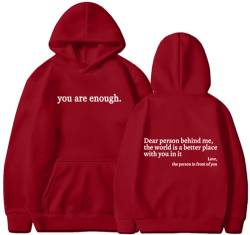 YINGKE Damen Dear Person Behind Me Kapuzenpullover You Are Enough Herbst Winter Y2K Harajuku Stil Streetwear Hoodie(L,Rot) von YINGKE