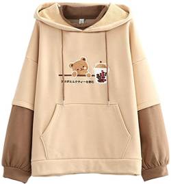 YINGKE Damen Hoodie Kawaii Harajuku Stil Japanischer Bär Stickerei Druck Langarm Hoodie Mädchen Damen Pullover(XL,Beige) von YINGKE