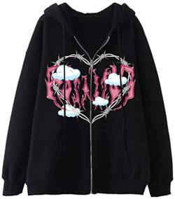 YINGKE Damen Sweatshirt Y2K Harajuku Stil Totenkopf Fashion Print Retro Drawstring Fashion Zip Hoodie mit Taschen(2XL,Schwarz) von YINGKE