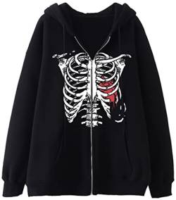 YINGKE Damen Sweatshirt Y2K Harajuku Stil Totenkopf Fashion Print Retro Drawstring Fashion Zip Hoodie mit Taschen(2XL,SchwarzesSkelett) von YINGKE