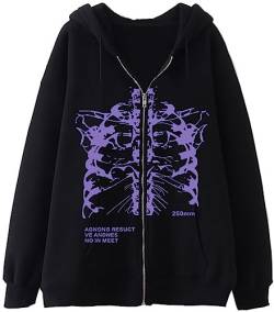 YINGKE Damen Sweatshirt Y2K Harajuku Stil Totenkopf Fashion Print Retro Drawstring Fashion Zip Hoodie mit Taschen(L,1 SchwarzesskelettA) von YINGKE