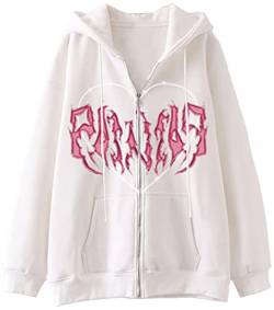 YINGKE Damen Sweatshirt Y2K Harajuku Stil Totenkopf Fashion Print Retro Drawstring Fashion Zip Hoodie mit Taschen(L,WeißA) von YINGKE