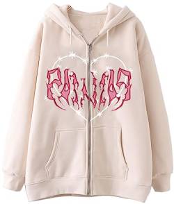 YINGKE Damen Sweatshirt Y2K Harajuku Stil Totenkopf Fashion Print Retro Drawstring Fashion Zip Hoodie mit Taschen(M,BeigeA) von YINGKE