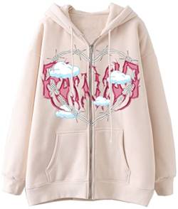 YINGKE Damen Sweatshirt Y2K Harajuku Stil Totenkopf Fashion Print Retro Drawstring Fashion Zip Hoodie mit Taschen(S,Beige) von YINGKE