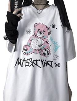 YINGKE Damen T-Shirt Harajuku Stil Kurzarm Top Y2K Mädchen Anime süßes Kawaii T-Shirt(2XL, Weiß1) von YINGKE