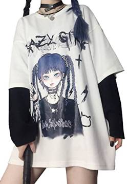 YINGKE Damen T-Shirt Harajuku Stil Kurzarm Top Y2K Mädchen Anime süßes Kawaii T-Shirt(2XL, Weiß2) von YINGKE