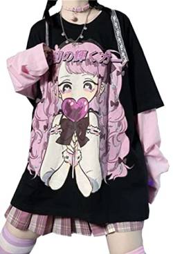 YINGKE Damen T-Shirt Harajuku Stil Kurzarm Top Y2K Mädchen Anime süßes Kawaii T-Shirt(XL, Schwarz1) von YINGKE