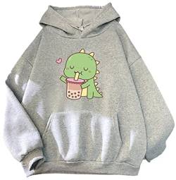 YINGKE Damen Teenager Kawaii Soft Hoodie Niedliche Dinosaurier Anime Print Lange Ärmel Herbst Winter Sweatshirt Mädchen Sweatshirt(2XL,GrauMilktea) von YINGKE