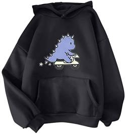 YINGKE Damen Teenager Kawaii Soft Hoodie Niedliche Dinosaurier Anime Print Lange Ärmel Herbst Winter Sweatshirt Mädchen Sweatshirt(2XL,SchwarzBike) von YINGKE