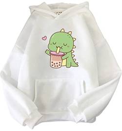 YINGKE Damen Teenager Kawaii Soft Hoodie Niedliche Dinosaurier Anime Print Lange Ärmel Herbst Winter Sweatshirt Mädchen Sweatshirt(2XL,WeißMilktea) von YINGKE