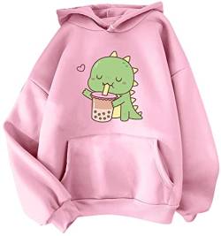 YINGKE Damen Teenager Kawaii Soft Hoodie Niedliche Dinosaurier Anime Print Lange Ärmel Herbst Winter Sweatshirt Mädchen Sweatshirt(L,RosaMilktea) von YINGKE