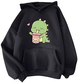 YINGKE Damen Teenager Kawaii Soft Hoodie Niedliche Dinosaurier Anime Print Lange Ärmel Herbst Winter Sweatshirt Mädchen Sweatshirt(L,SchwarzMilktea) von YINGKE