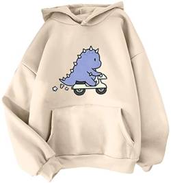 YINGKE Damen Teenager Kawaii Soft Hoodie Niedliche Dinosaurier Anime Print Lange Ärmel Herbst Winter Sweatshirt Mädchen Sweatshirt(M,BeigeBike) von YINGKE