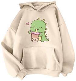 YINGKE Damen Teenager Kawaii Soft Hoodie Niedliche Dinosaurier Anime Print Lange Ärmel Herbst Winter Sweatshirt Mädchen Sweatshirt(M,BeigeMilktea) von YINGKE