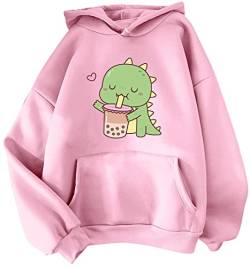 YINGKE Damen Teenager Kawaii Soft Hoodie Niedliche Dinosaurier Anime Print Lange Ärmel Herbst Winter Sweatshirt Mädchen Sweatshirt(M,RosaMilktea) von YINGKE