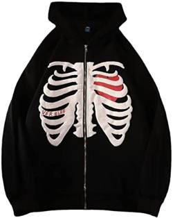 YINGKE Damen Zip Skeleton Print Hoodie Sweatshirt Langarm Y2K E-Girl Pullover Freizeitjacken Gothic Harajuku Streetwear Hoodie(S,Schwarz) von YINGKE