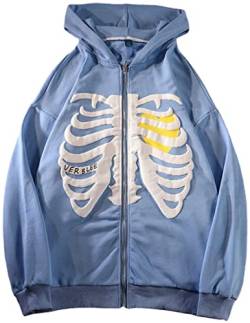 YINGKE Damen Zip Skeleton Print Hoodie Sweatshirt Langarm Y2K E-Girl Pullover Freizeitjacken Gothic Harajuku Streetwear Hoodie(XL,Blau) von YINGKE