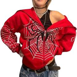 YINGKE Damen Zip Up Oversized Hoodie Große Spinnennetz Print Muster Y2K Hoodie Gothic Punk Jacke Sweatshirt(2XL,Rot) von YINGKE
