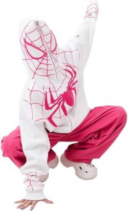 YINGKE Herren Spider Print Full Zip Up Hoodie Vintage Kapuzenjacke Y2K Unisex Oversized Streetwear Sweatshirt (2XL, Weiß) von YINGKE